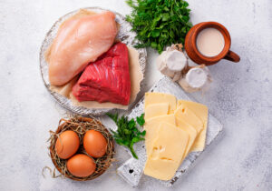 Set of farm products. Meat, eggs and milk